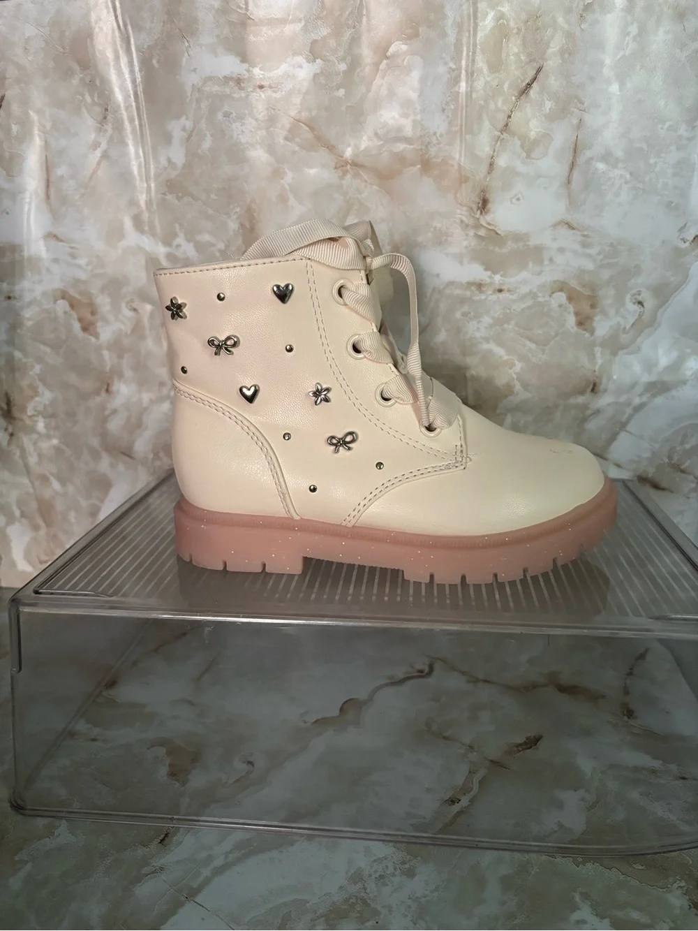 Cat & Jack Cream and Pink Heart-Studded Lace-Up Boots